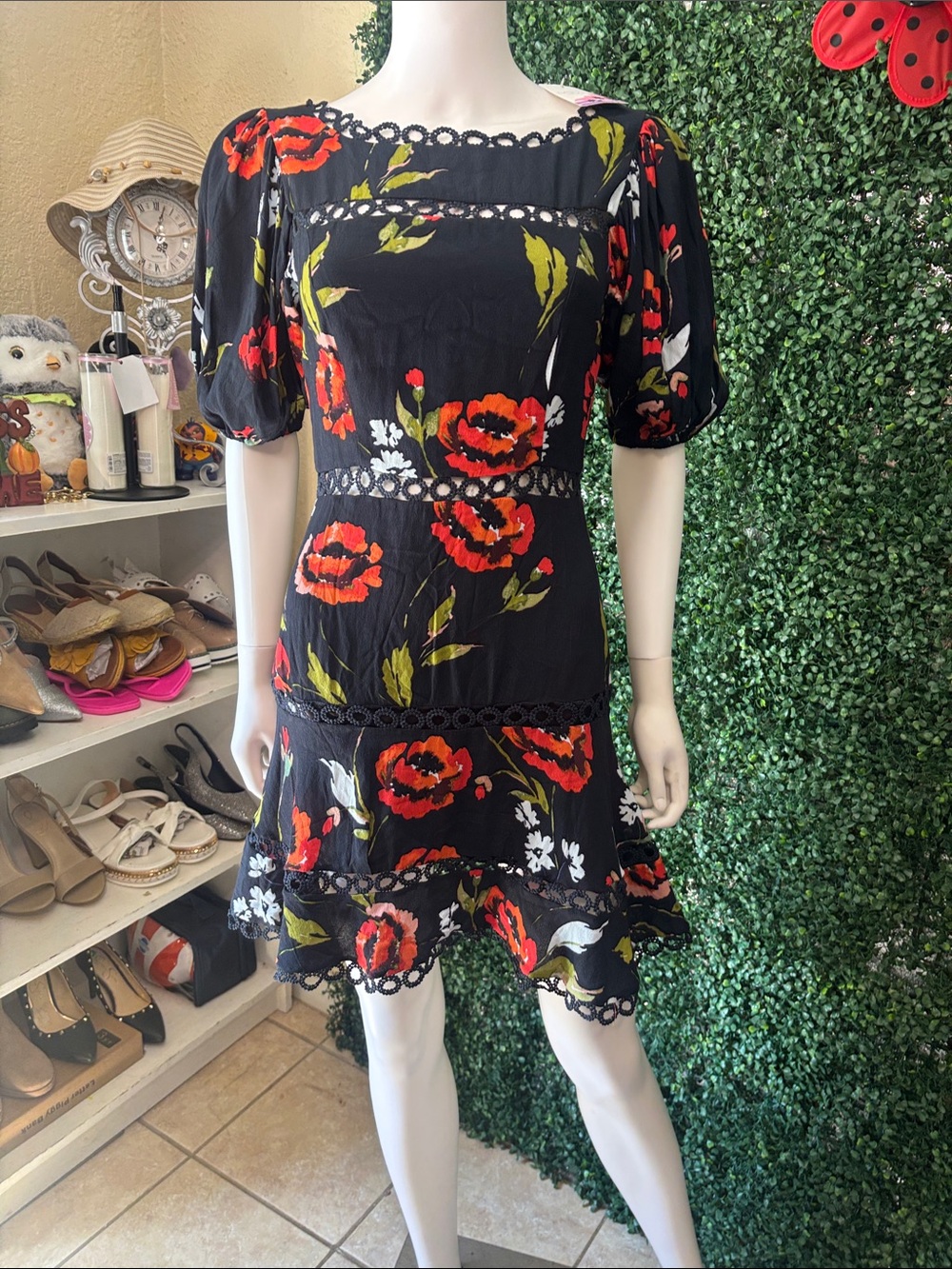 Dainty Hooligan Black Mini Dress with Red Floral Print